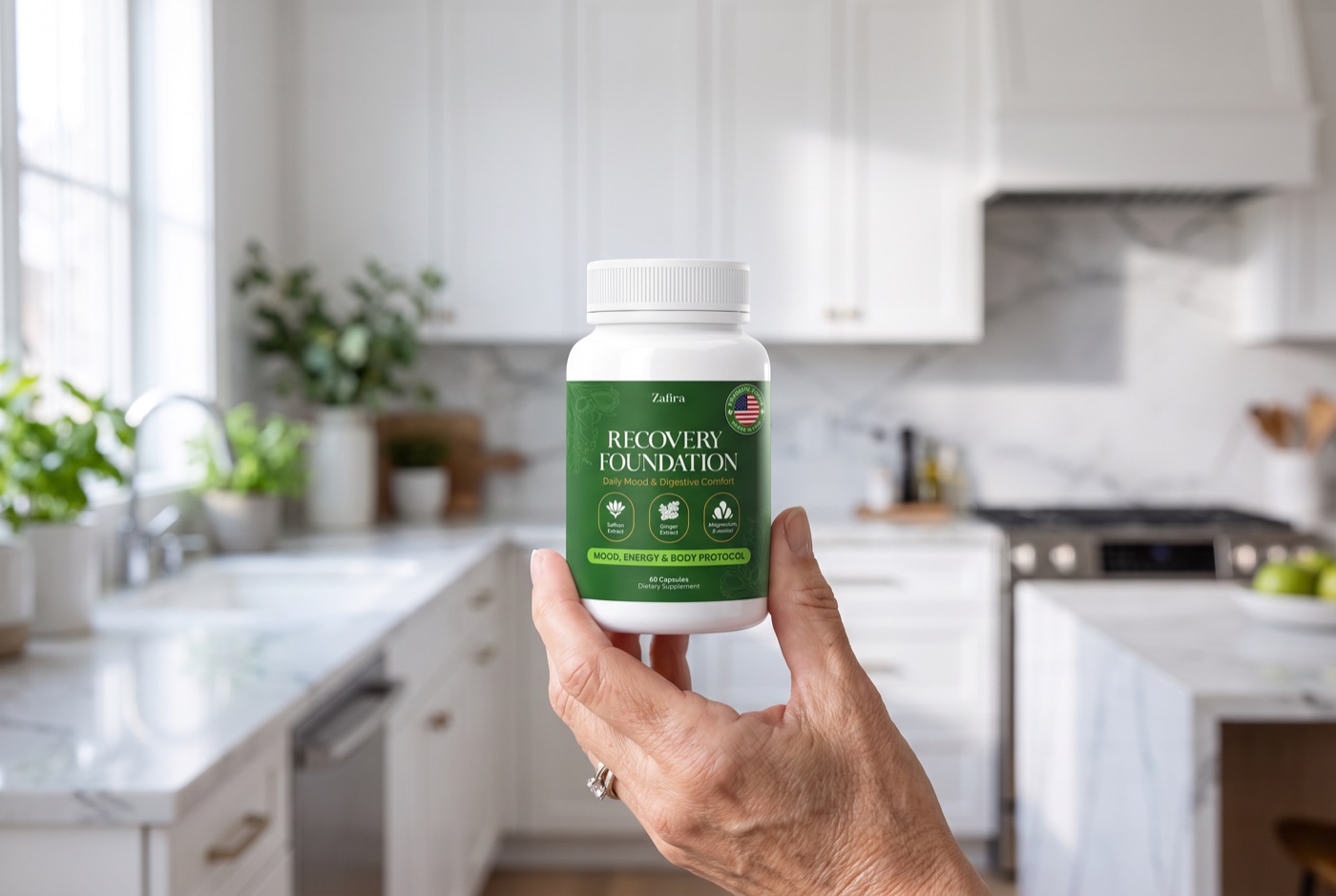 A woman holding a Zafira Recovery Foundation bottle — Zafira Organics review verdict