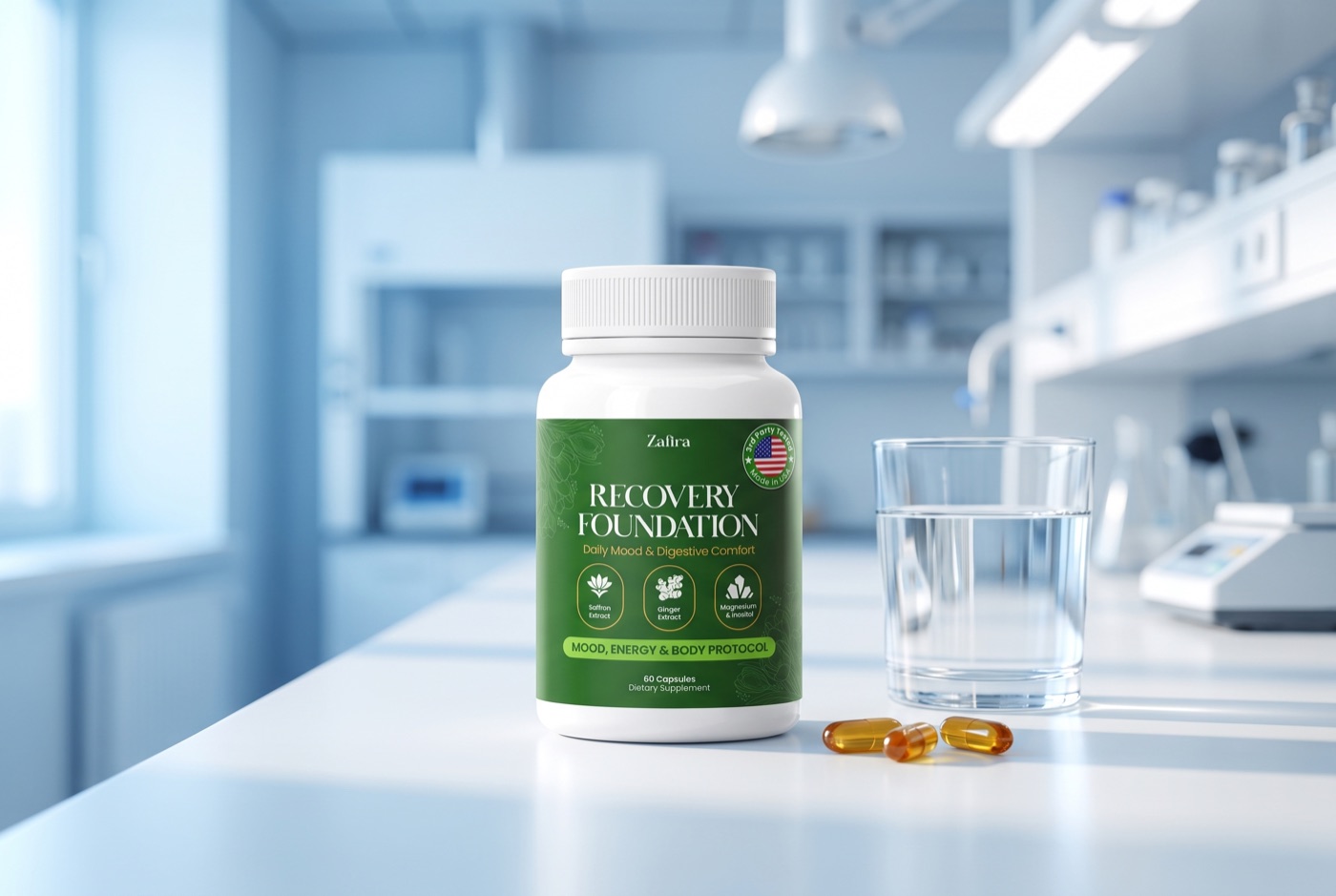 Zafira Organics Recovery Foundation supplement bottle on a laboratory counter