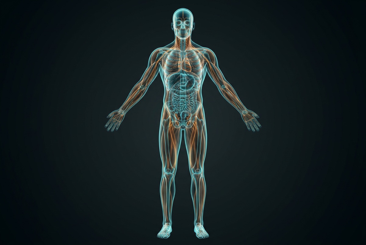 A glowing full-body composition scan rendered in teal and amber