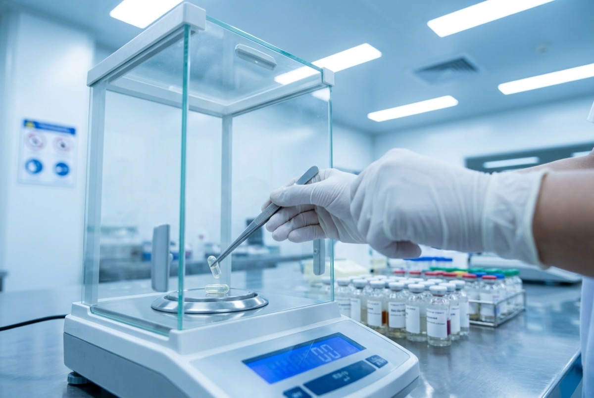 Supplement capsules in a specimen grid under a brass magnifying glass