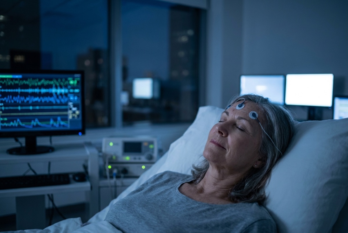 A woman with silver hair awake in lamplight at three in the morning