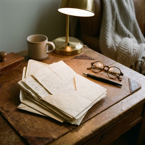 Handwritten letters and a fountain pen on a desk in warm lamplight